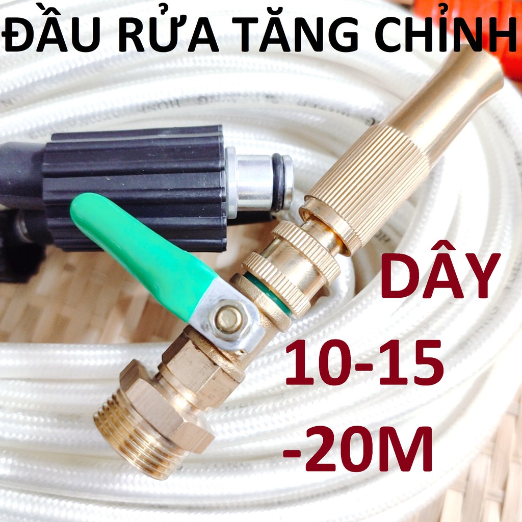 Đầu rửa điều hòa + dây rửa 10-15-20M dây, đầu tăng chỉnh dài cao cấp, ren 22 lắp vào dây rửa xe, có khóa ngắt