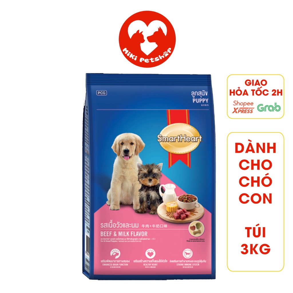[Mã PET50 giảm 10% - tối đa 50K đơn 250K] Thức Ăn Cho Chó Con Hạt Smartheart Puppy 3Kg Vị Bò Và Sữa - Miki Petshop