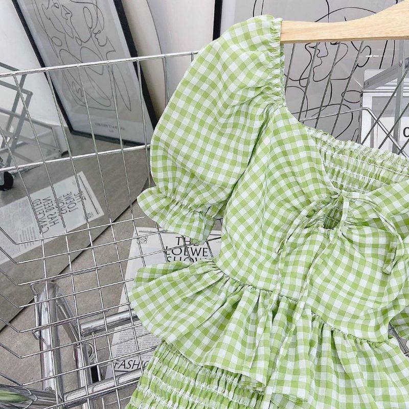 Set peplum caro xanh thắt nơ tay bo + chân váy nhún