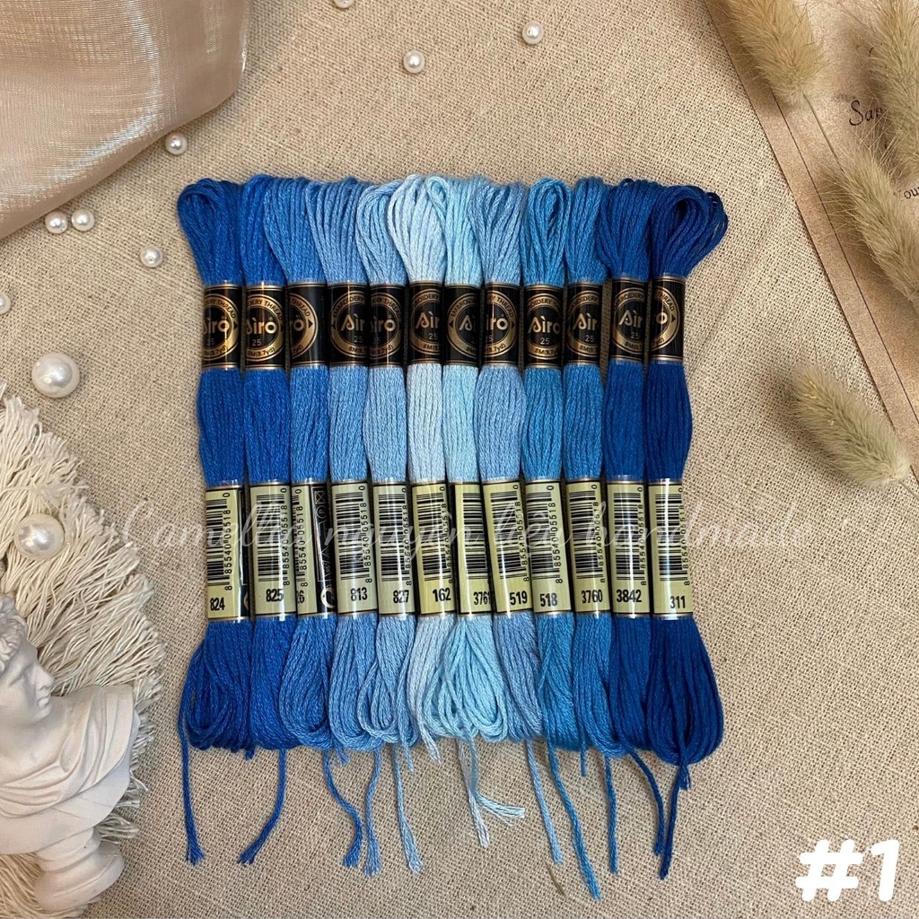 Set Chỉ Thêu Airo Tông Xanh Dương, Chỉ Thêu Cotton Chính Hãng Chất Lượng Giá Rẻ