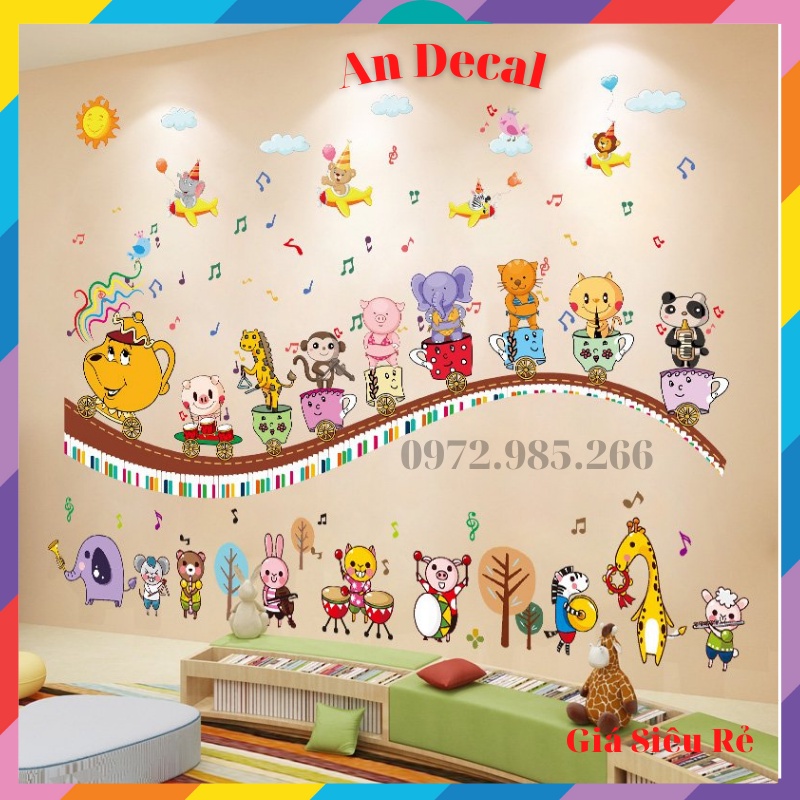 Combo 2 tranh decal, decal dán tường trang trí phòng cho bé động vật yêu âm nhạc nhảy múa trên xe cốc