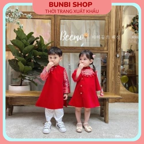Sét áo dài cho bé trai Beemo, chất liệu nhung mềm mịn kết hợp gấm thượng hải họa tiết rồng phượng cực sang