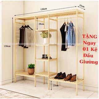 Kệ/Tủ Treo Quần Áo 3 Khoang  Đa Năng Gỗ Thông Không Mối Mọt, Tặng 1 kệ đầu giường