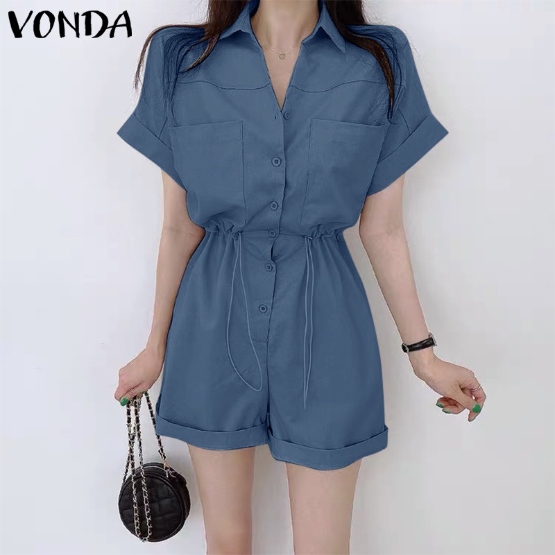 Áo liền quần VONDA tay ngắn màu trơn cài nút thời trang mùa hè Hàn Quốc cho nữ