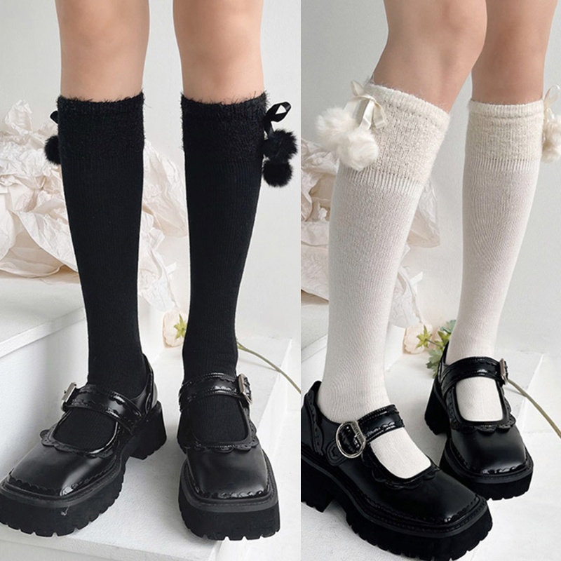 Tất Len Dệt Kim Cao Tới Gối Phối Lông Giả Kiểu Lolita Dễ Thương Cho Nữ