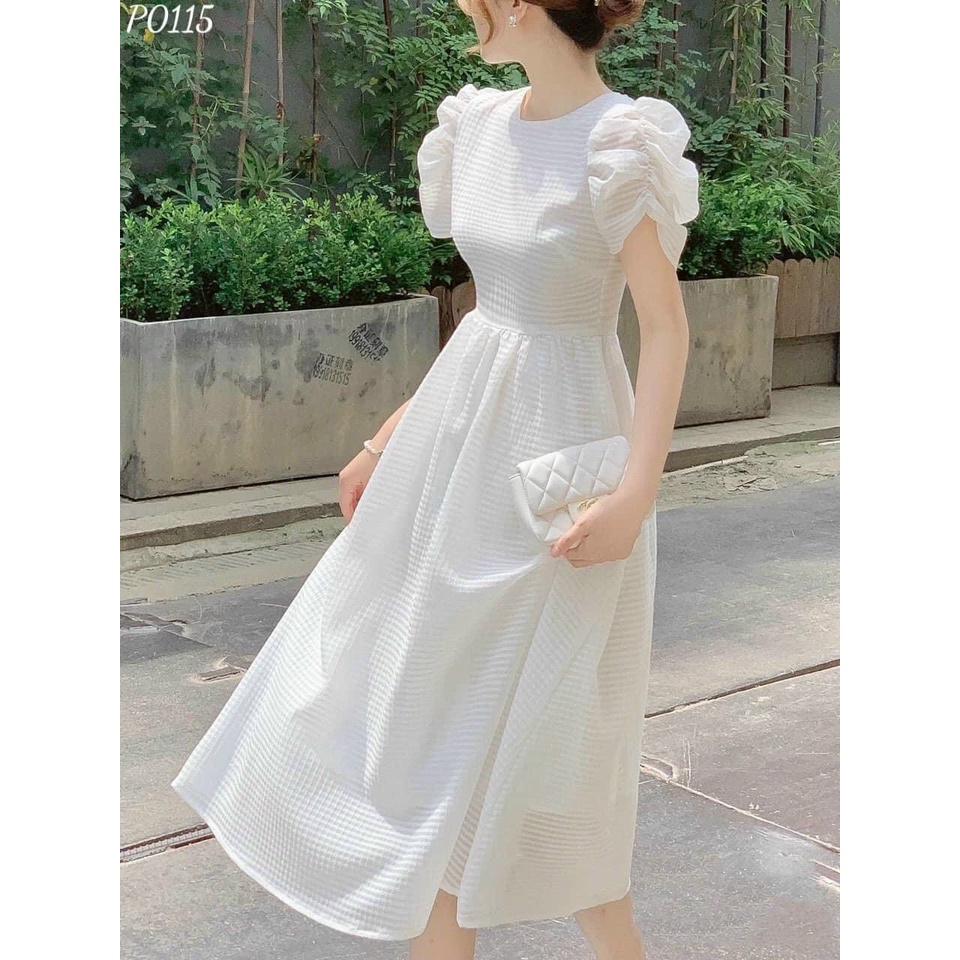 Váy nữ thiết kế dự tiệc, đầm nữ thắt eo tay phồng