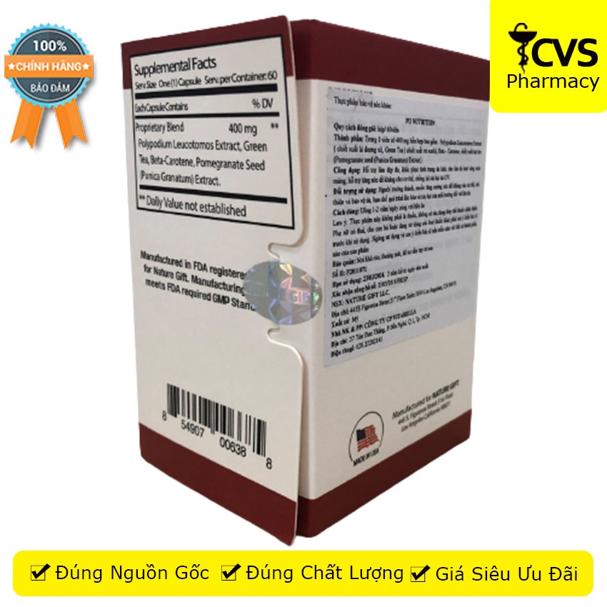PO NUTRITION Sunsafe Po hỗ trợ tăng sức đề kháng cho cơ thể &amp; chống lại tác hại tia UV 60 viên - CVS
