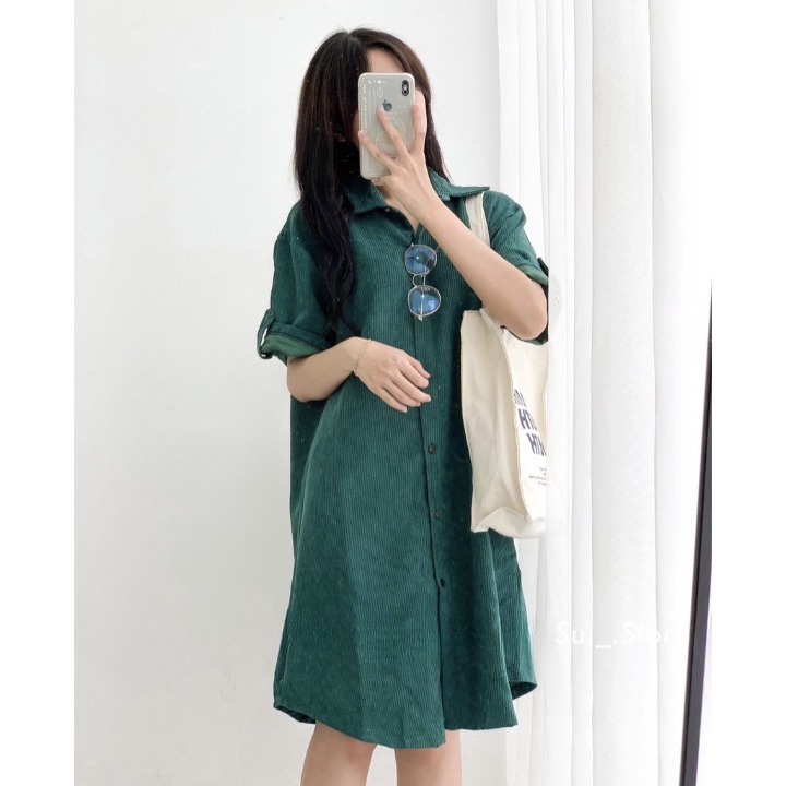 Váy sơ mi cộc tay gấp gấu vải nhung tăm, đầm suông dáng dài cổ đức nhiều màu hót của năm