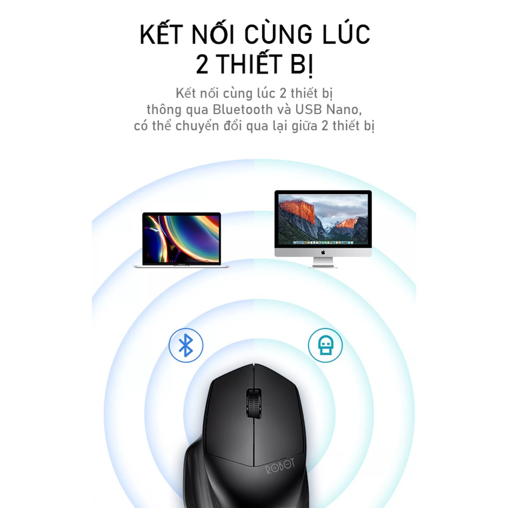 [Kèm Pin] Chuột Không Dây Tĩnh Âm ROBOT M350 - Chuột Kết Nối Bluetooth &amp; USB Nano 2.4 GHz - Độ Phân Giải 1600 DPI