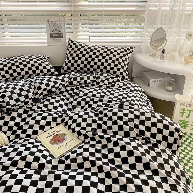 Bộ chăn ga gối cotton 3D kẻ ô vuông  sang chảnh nhẹ nhàng mềm mịn mang phong cách hàn quốc