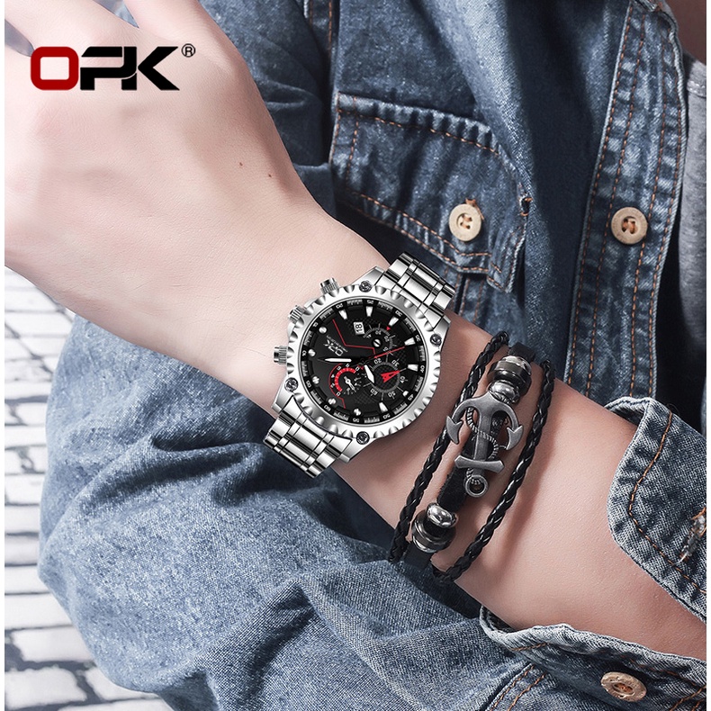 OPK 8128 Watch Men Genuine Waterproof Original Steel Strap Quartz Luminous Calendar Wear-resistant Fashion