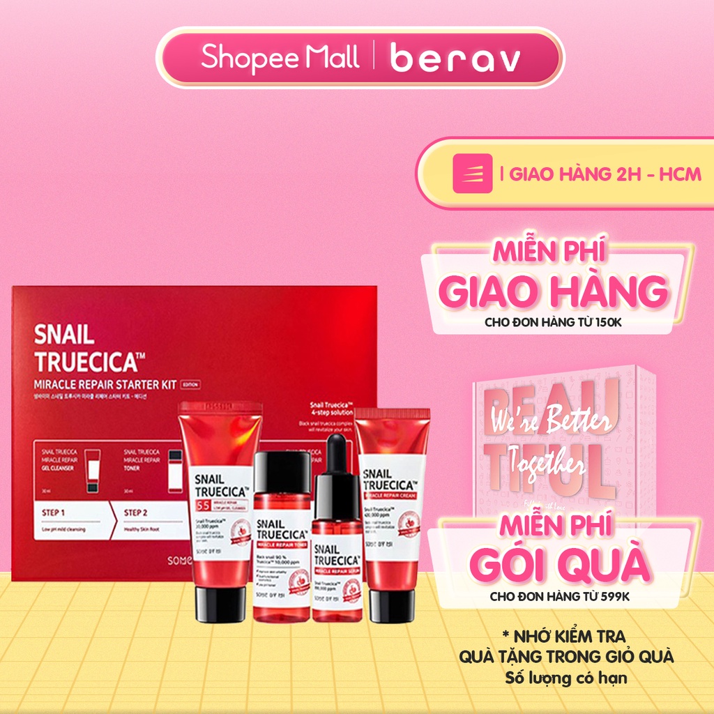 [Set 4 món] Bộ Kit Dưỡng Phục Hồi, Tái Tạo Da Chiết Xuất Ốc Sên Some By mi Snail Truecica Miracle Repair Starter Kit