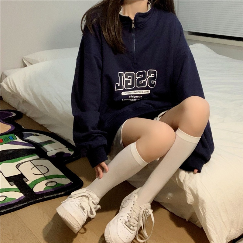 Áo Sweater Cổ Cao Phối Khóa Kéo Cá Tính 174249Áo Thun Tay Dài Form Rộng In Chữ Phong Cách Hàn Quốc