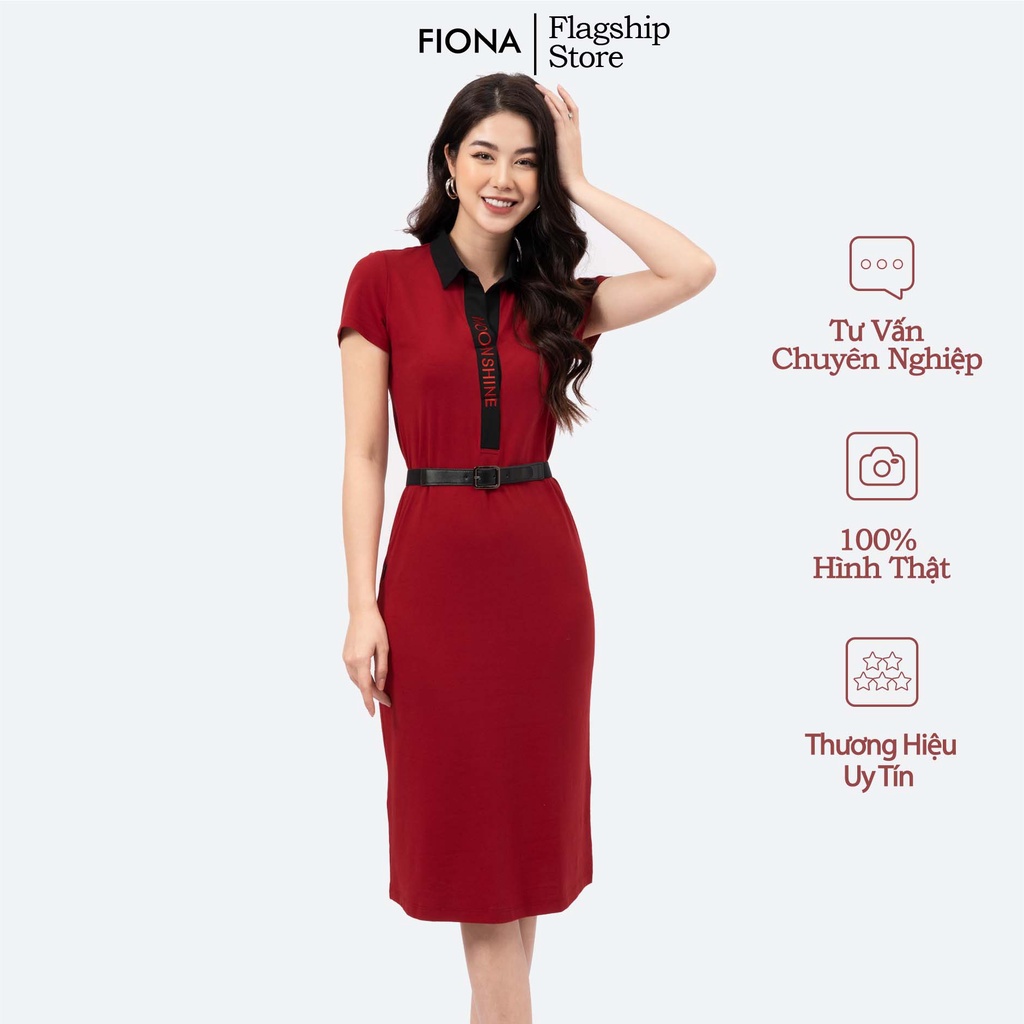Đầm nữ dáng suông cổ Polo thêu chữ, váy cotton nữ dáng dài thắt đai eo FIONA F421203
