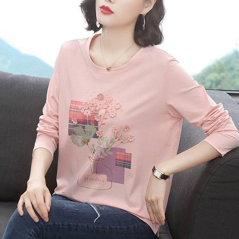 Áo thun tay dài cổ tròn in họa tiết thời trang cho phụ nữ trung niên