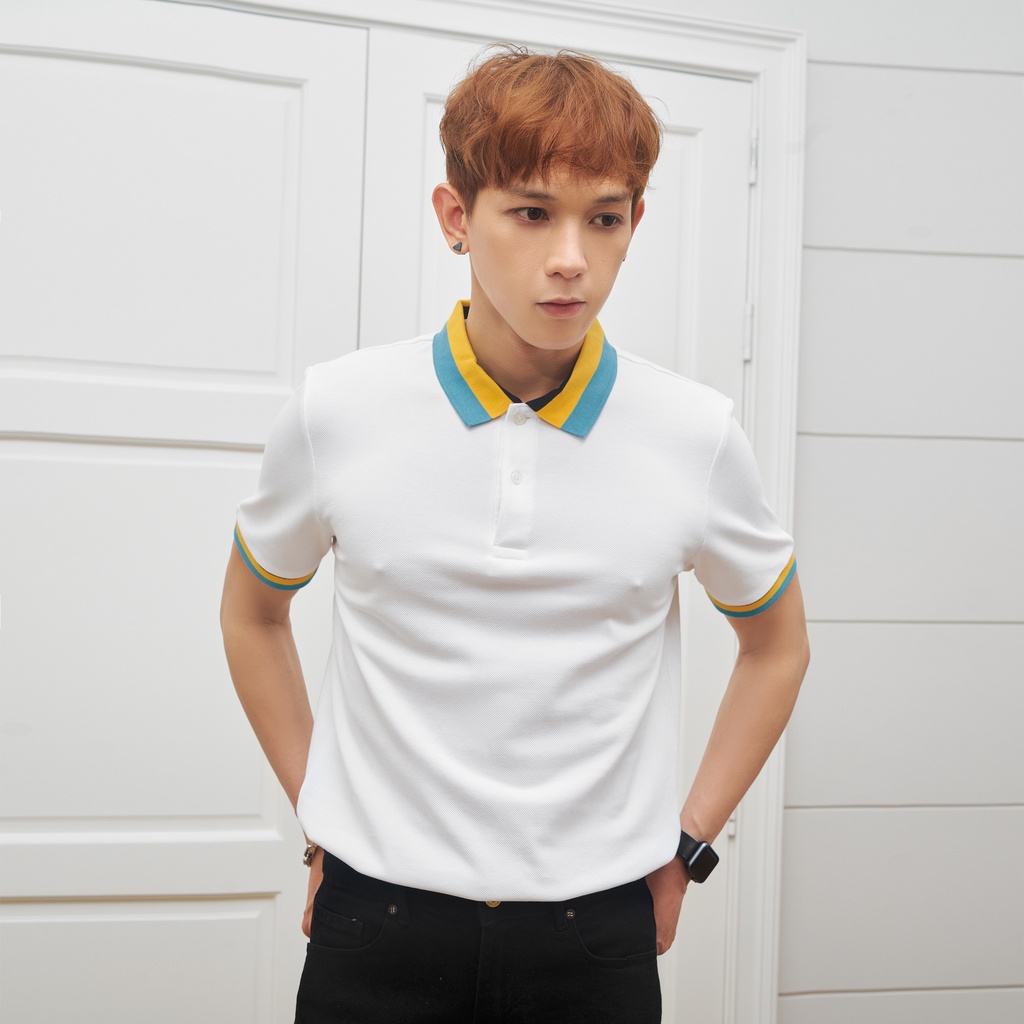 Áo polo nam Satoshi SAPL62 Diamond Pique màu trắng phối màu cổ viền trụ bo tay áo sang trọng