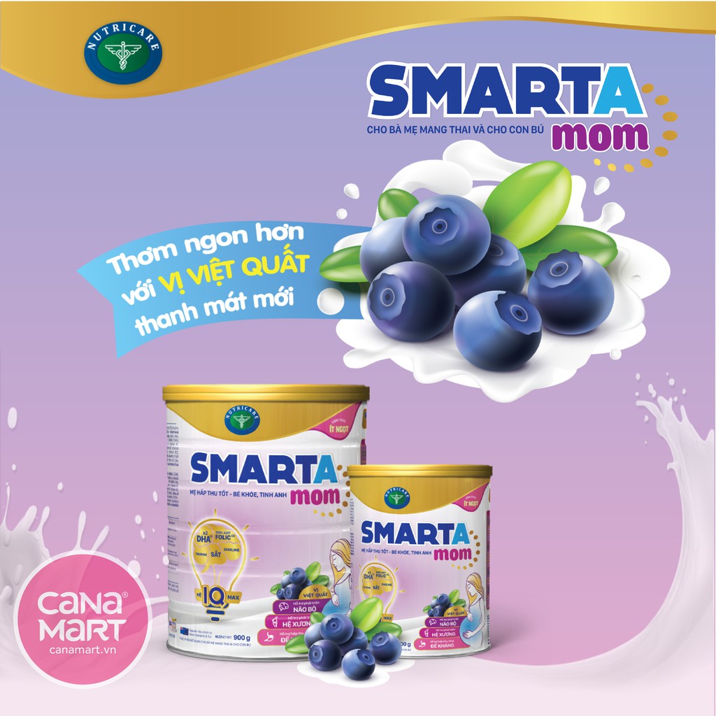 [MUA 3 TẶNG 1] Sữa bột cho mẹ bầu,cho con bú Nutricare Smarta Mom việt quất, giảm táo bón, tiểu đường thai kỳ (900gr))