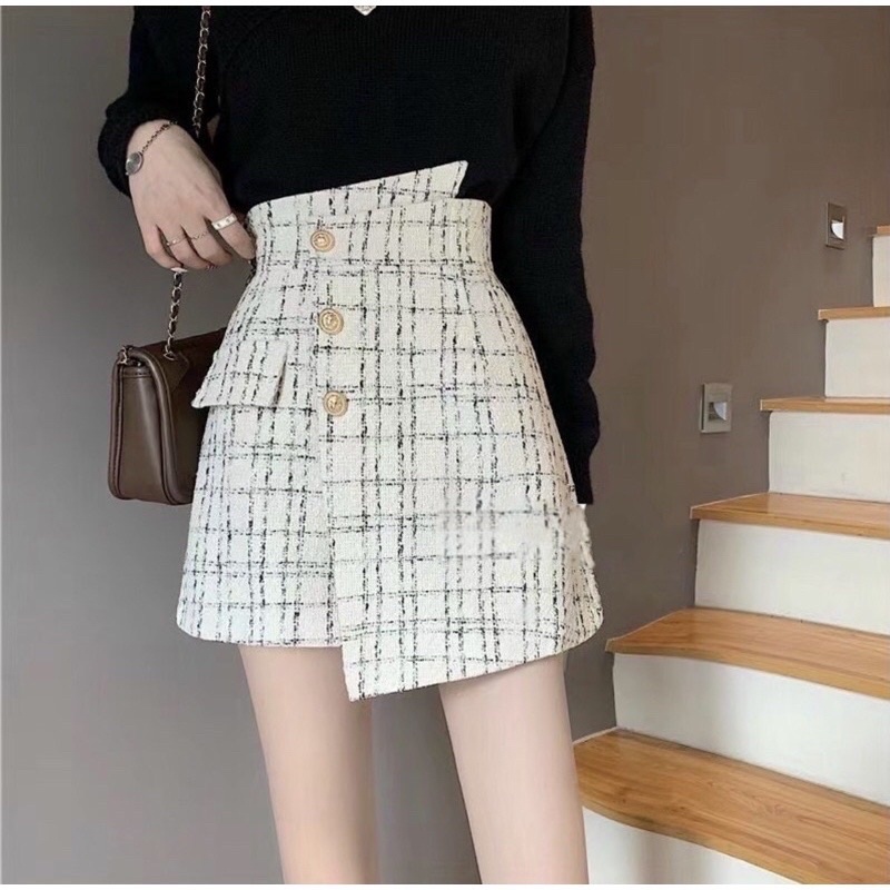 Chân Váy  Dạ Tweed Cạp Lệch Dáng Chữ A Ngắn 3 Cúc Ngọc Có Quần Bảo Vệ Bên Trong Váy Nữ Phong Cách Hàn Quốc..