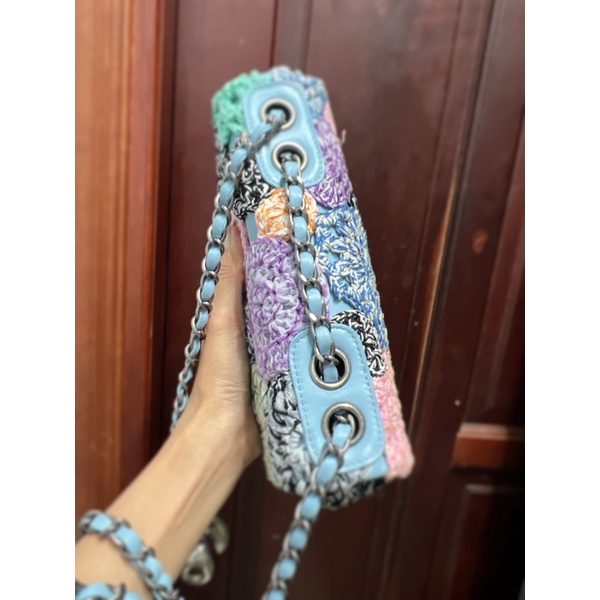Thanh lý Túi cn classic da thật phối len đan thủ công size 25