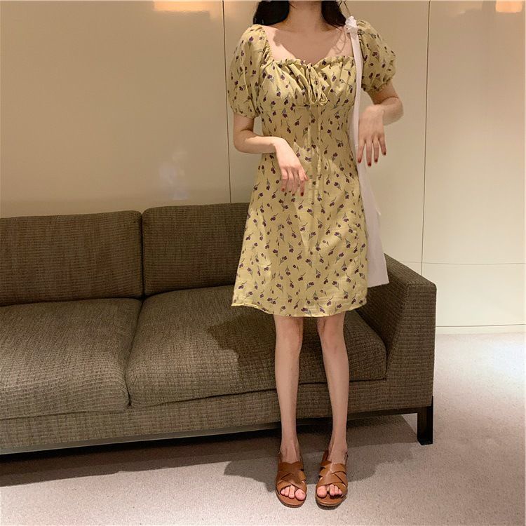 Đầm dáng chữ A cổ vuông ôm eo in họa tiết hoa nhí xinh xắn thời trang hè cho nữ