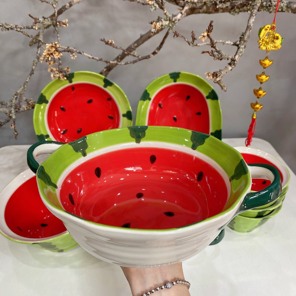 ( SẴN HÀNG) Set bát đĩa decor dưa hấu 3D 8 món