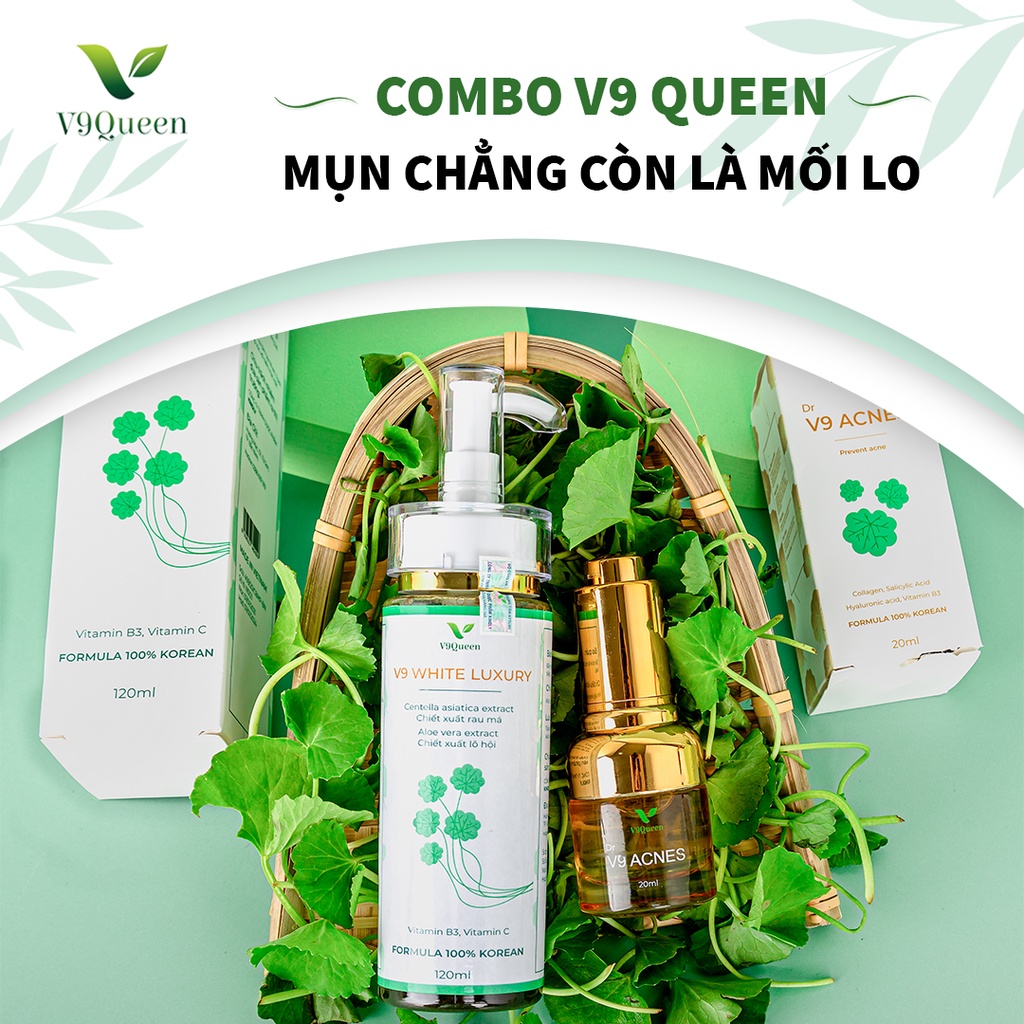 [BỘ ĐÔI] Tinh chất rau má giảm mụn an toàn cho bà bầu V9Queen, xóa mụn mờ thâm dưỡng trắng da