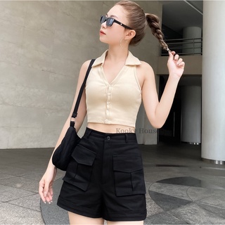 Kooky house - quần box shorts đen - quần shorts kaki phối túi hộp 3d cá tính