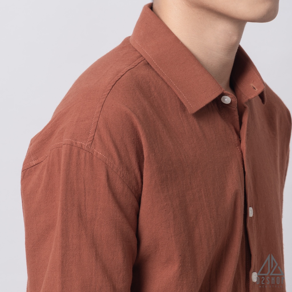 Áo sơ mi D2shop, áo sơ mi nam dài tay vải linen trơn, màu cam đất