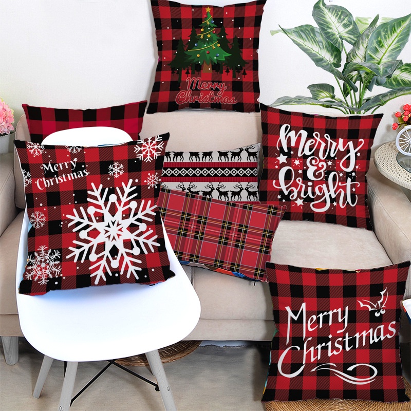 Vỏ gối sofa vải lanh hình nai sừng tấm/hoa tuyết màu đỏ đen chủ đề Giáng sinh trang trí nhà
