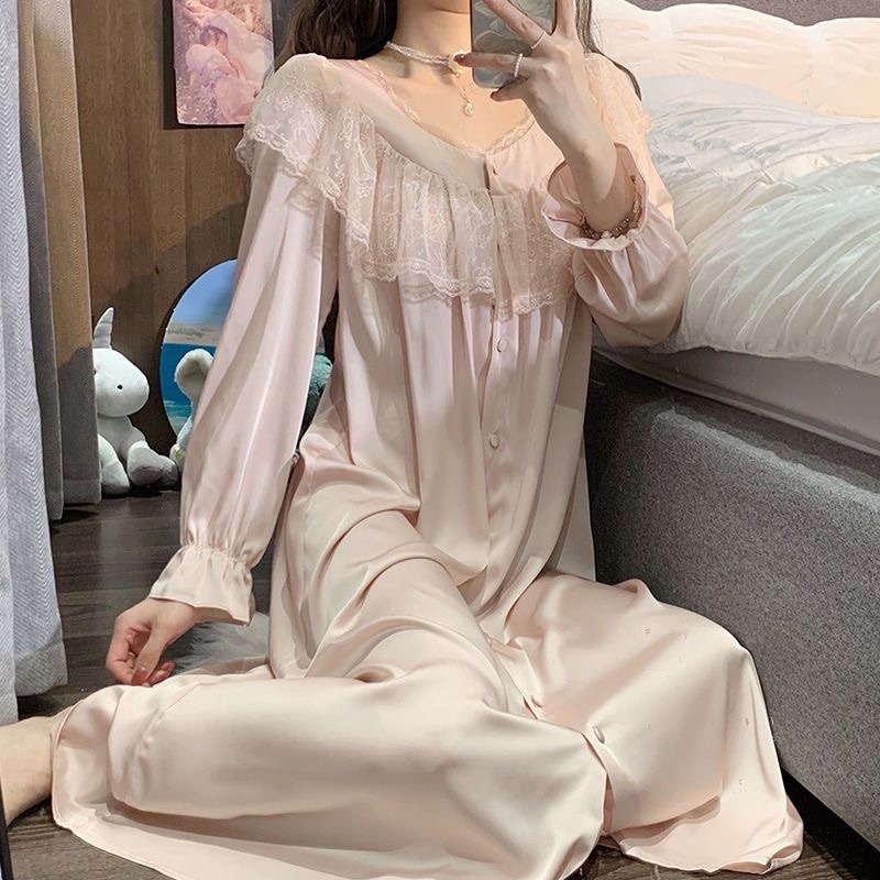 váy ngủ quảng châu cải ren lụa dài tay mềm mại phong cách nữ hoàng phòng ngủ