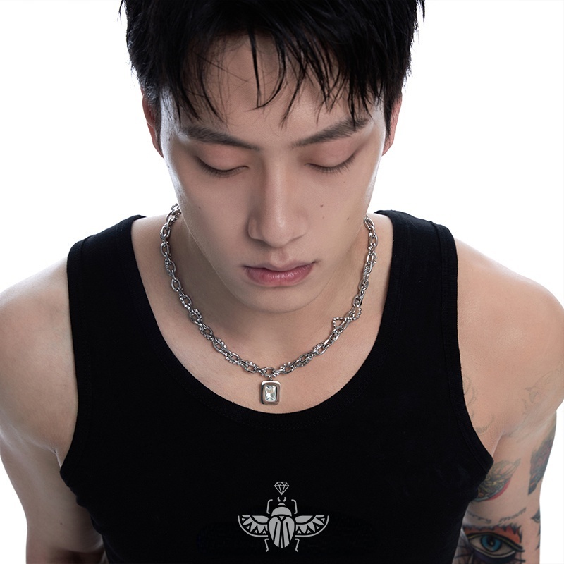 Vòng cổ Hai Lớp Bằng Thép Không Gỉ Mặt Vuông Đính Đá Thời Trang unisex