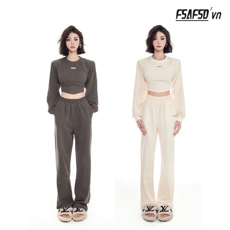 Set Đồ Thể Thao Gồm Quần Dài Ống Rộng Lưng Cao Kiểu Dáng Đơn Giản Năng Động Thời Trang