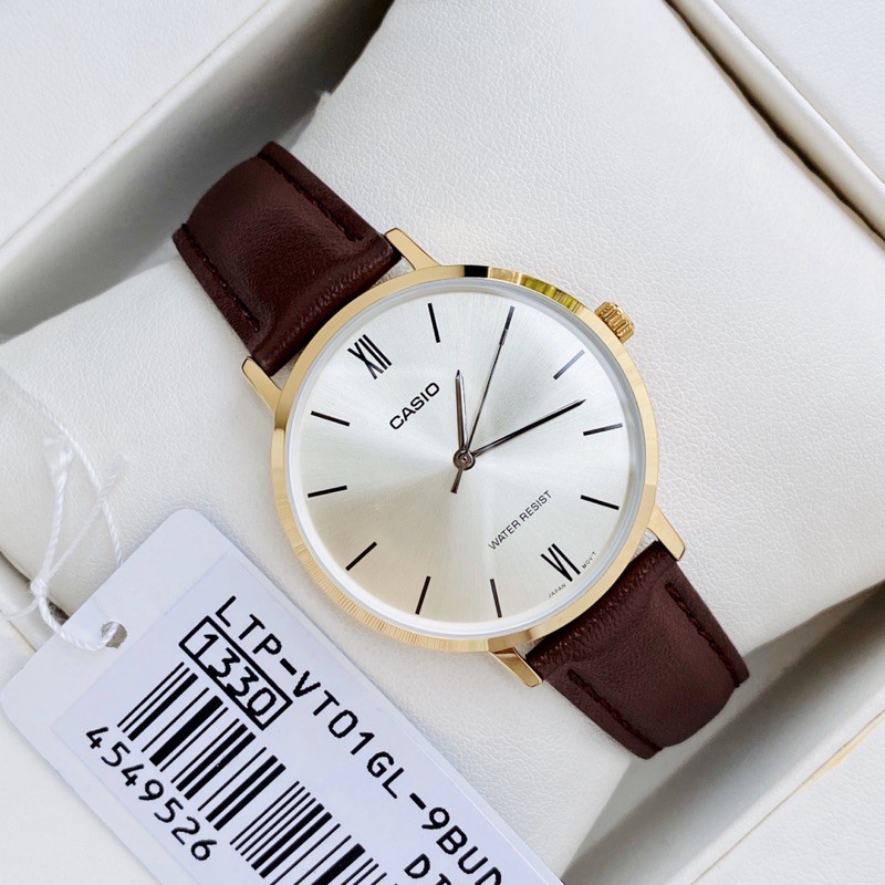 Đồng hồ Nữ Casio LTP-VT01GL-9B, đồng hồ chính hãng, dây da nâu mặt ánh vàng, viền vàng