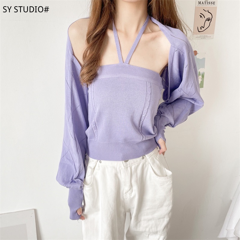 SUXI Set áo croptop dệt kim + áo hai dây phong cách thời trang hàn quốc