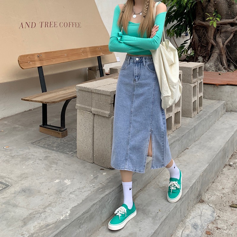 Chân Váy Denim Chữ A Lưng Cao Phong Cách Vintage | BigBuy360 - bigbuy360.vn