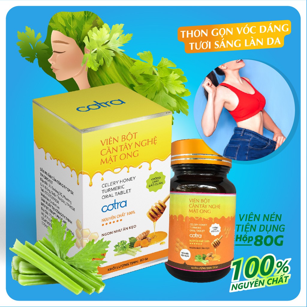 Bột cần tây nghệ mật ong sấy lạnh nguyên chất (Dạng Viên Nén) COTRA (50g, 80g) giúp giảm cân, detox, trắng da, làm đep