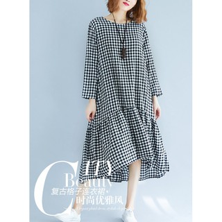V057﻿_Váy nữ BIG SIZE dài tay kẻ caro đuôi cá thời trang, thiết kế trẻ trung cá tính