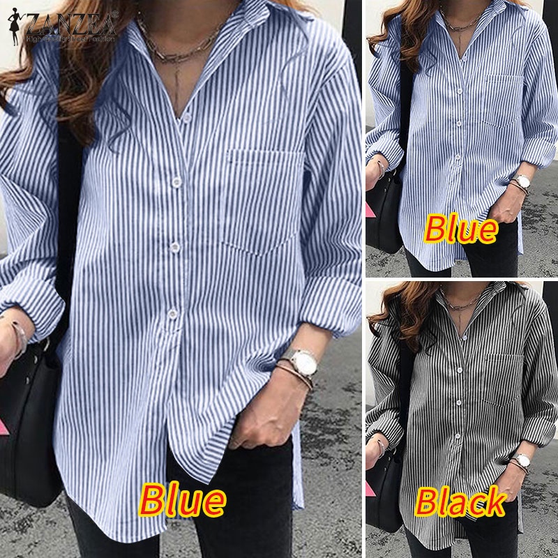 Áo sơ mi ZANZEA tay dài cổ bẻ in họa tiết sọc thời trang cho nữ