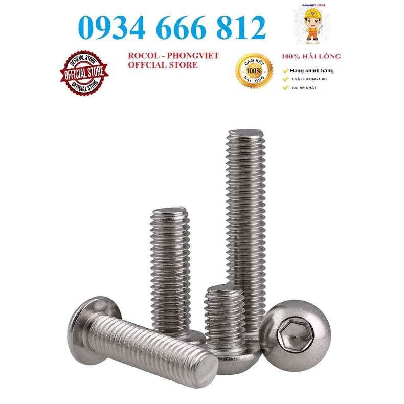 Combo 50c bulong lục giác chìm đầu cầu INOX 304 M3, M3X6, M3X8, M3X10, M3X12, M3X16, M3X20