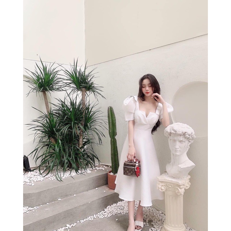 [HÀNG CAO CẤP] Đầm dự tiệc Lụa nơ vai xẻ ngực kiểu tay bồng sang trọng | BigBuy360 - bigbuy360.vn