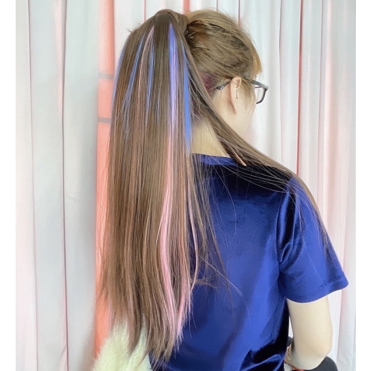 Buộc Quấn Tóc Giả Thẳng Line Xanh Hồng Dài