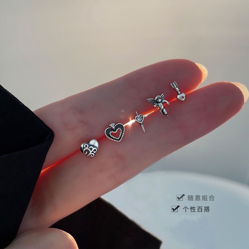 Bộ Năm Bông Tai Xếp Chồng Lên Nhau Bằng Bạc Phong Cách Retro