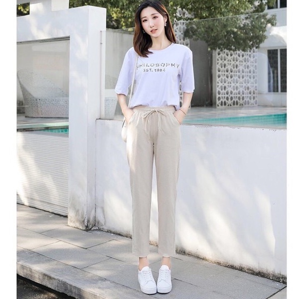 Quần baggy nữ cạp chun thun vải đũi hàn màu đen chất vải mềm mát lưng cao Quần đũi dài mát mặc ở nhà đi học thể thao đẹp
