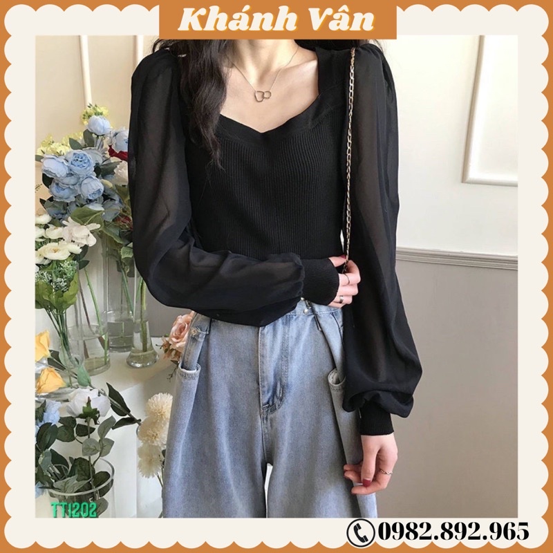 Áo len nơ ngực tay ren, áo len dầy dặn hàng quảng châu loại 1