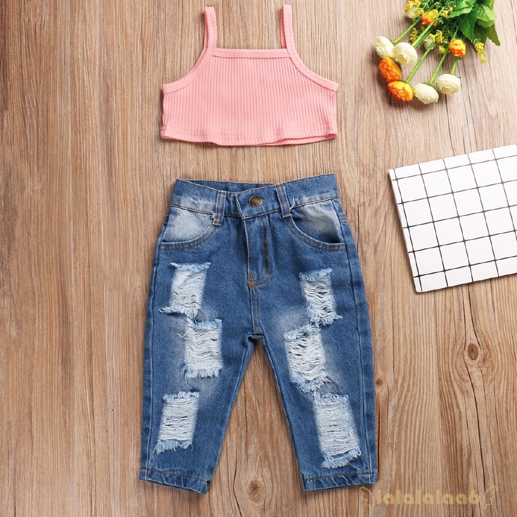 Bộ Áo Sát Nách Màu Trơn + Quần Jeans Rách Cho Bé Gái