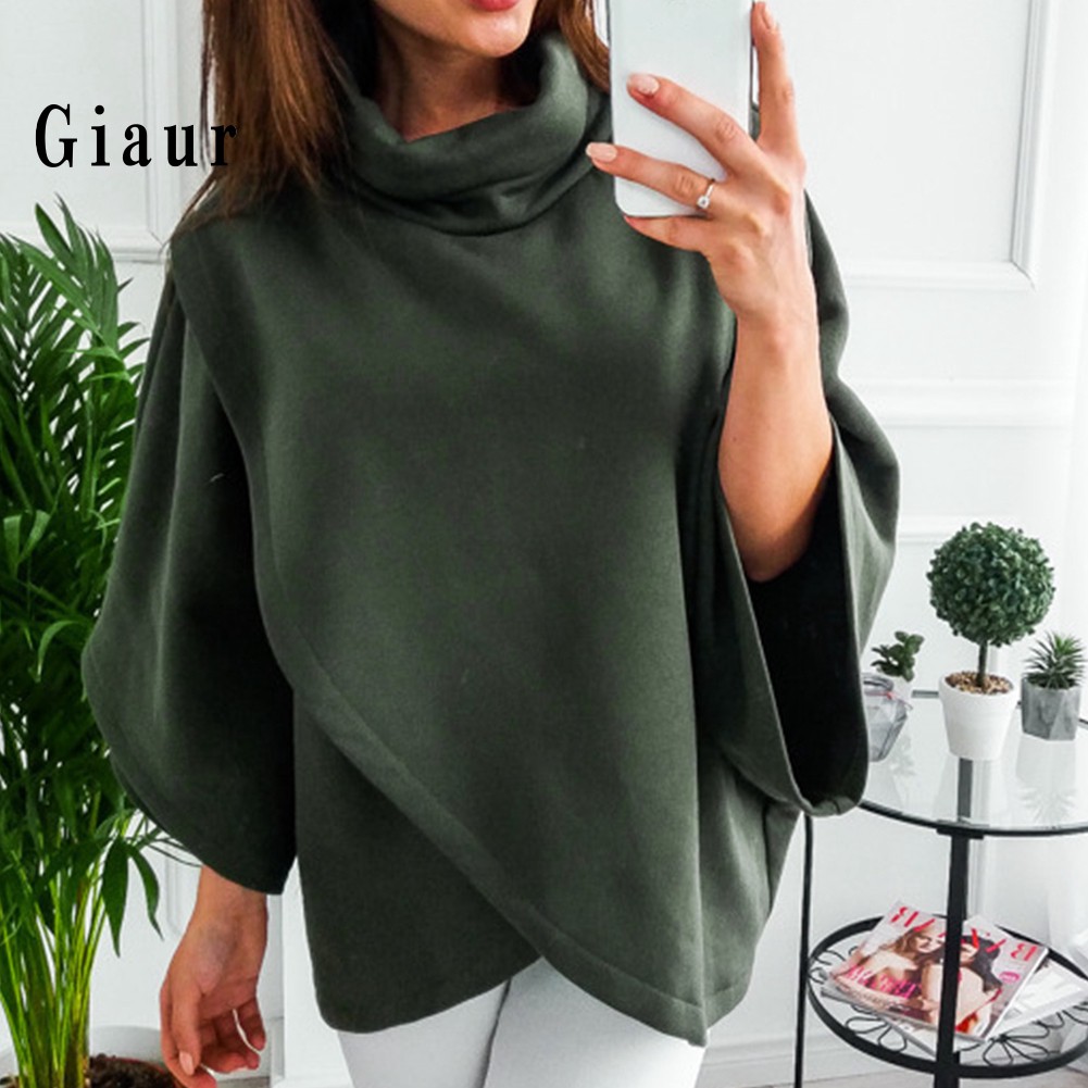 GIAUR  Winter Warm Women Solid Color Cloak Cape Turtle Neck Batwing Sleeve Jumper Poncho