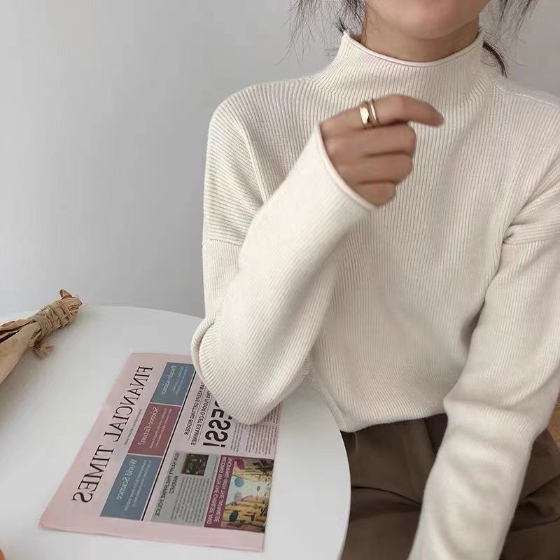 Áo Sweater Dệt Kim Tay Dài Cổ Lọ Màu Sắc Đơn Giản Phong Cách Retro