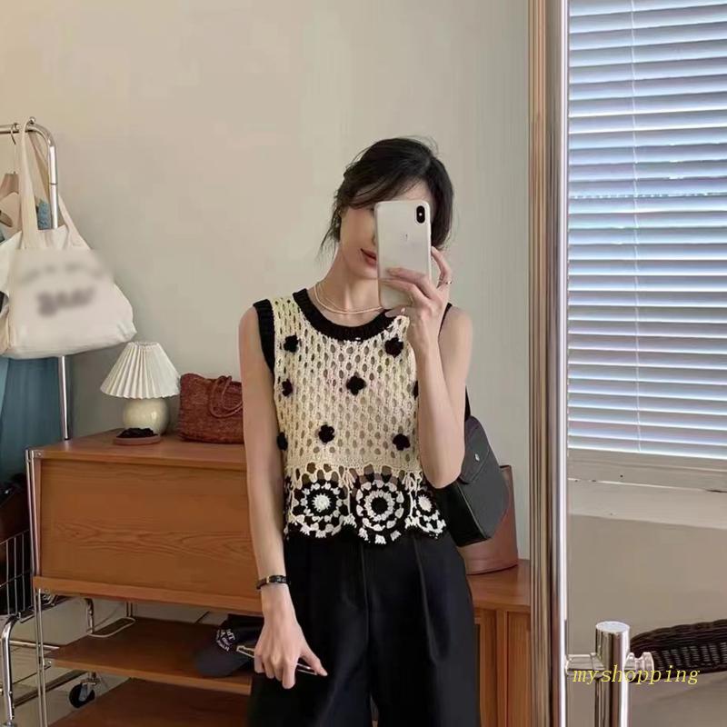 Áo Len Không Tay Cổ Tròn Dáng Rộng Họa Tiết Hoa Màu Sắc Tương Phản Thời Trang Cho Nữ