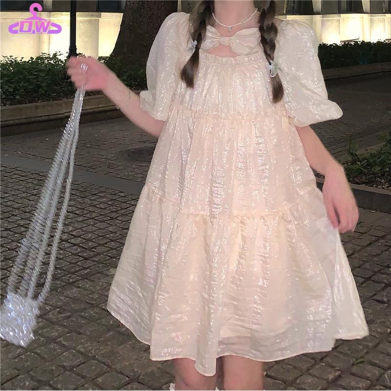 Váy babydoll tay phông Đầm Dáng Chữ A Rộng Tay Phồng Thắt Nơ Phong Cách Hàn Quốc Ngọt Ngào Kiểu Mới Cho Học Sinh Nữ