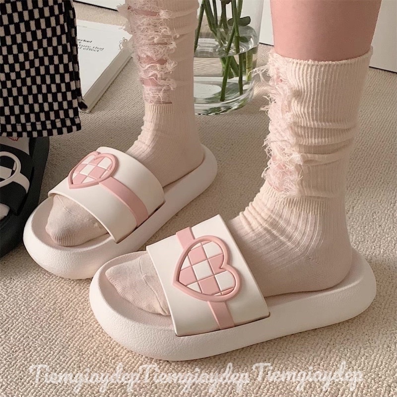Dép bánh mì,dép quai ngang nam nữ hình trái tim caro phong cách Ulzzang